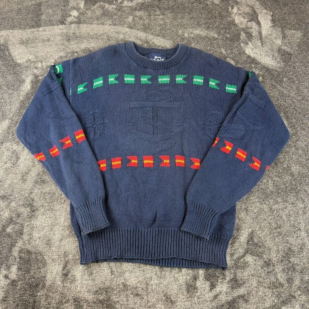 Vtg Woolrich Nautical Coastal Crewneck Sweater Navy Blue Anchor Sz M USA